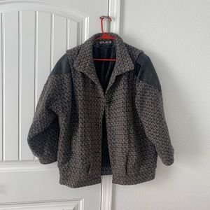 Vintage Tweed Bomber Jacket with Leather Details